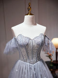 Gray Tulle Off Shoulder Beaded Party Dress, A-Line Tulle Formal Dress Prom Dress HZ1024