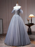 Gray Tulle Off Shoulder Beaded Party Dress, A-Line Tulle Formal Dress Prom Dress HZ1024