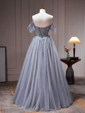 Gray Tulle Off Shoulder Beaded Party Dress, A-Line Tulle Formal Dress Prom Dress HZ1024