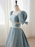 Blue Satin Beaded Long Prom Dress, Blue Short Sleeve Evening Dress HZ1024