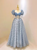 Blue Tulle Lace Long Prom Dress, Beautiful Short Sleeve Evening Dress HZ1024
