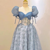 Blue Tulle Lace Long Prom Dress, Beautiful Short Sleeve Evening Dress HZ1024