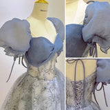 Blue Tulle Lace Long Prom Dress, Beautiful Short Sleeve Evening Dress HZ1024