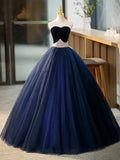 Blue Tulle Long Formal Dress with Velvet, Blue Sweetheart Neck Prom Dress HZ1024