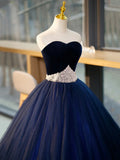 Blue Tulle Long Formal Dress with Velvet, Blue Sweetheart Neck Prom Dress HZ1024