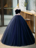 Blue Tulle Long Formal Dress with Velvet, Blue Sweetheart Neck Prom Dress HZ1024