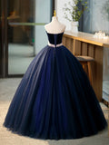 Blue Tulle Long Formal Dress with Velvet, Blue Sweetheart Neck Prom Dress HZ1024