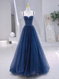 Blue Tulle Beaded Long Formal Dress, Blue Evening Dress HZ1024