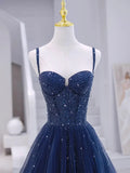 Blue Tulle Beaded Long Formal Dress, Blue Evening Dress HZ1024
