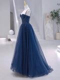 Blue Tulle Beaded Long Formal Dress, Blue Evening Dress HZ1024