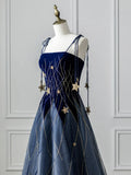 Blue Spaghetti Strap Velvet Long Prom Dress with Star, Blue Evening Dress Party Dress HZ1024
