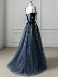 Blue Spaghetti Strap Velvet Long Prom Dress with Star, Blue Evening Dress Party Dress HZ1024