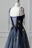 Blue Spaghetti Strap Velvet Long Prom Dress with Star, Blue Evening Dress Party Dress HZ1024