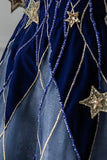 Blue Spaghetti Strap Velvet Long Prom Dress with Star, Blue Evening Dress Party Dress HZ1024
