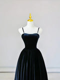 Spaghetti Strap Velvet Long Prom Dress with Pearls, Black Evening Dress Party Dress HZ1024