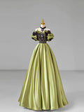 Green Satin Lace Long Prom Dress, Beautiful A-Line Evening Dress with Bow HZ1024
