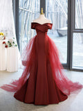 Mermaid V-Neck Satin Long Prom Dress, Burgundy Off Shoulder Evening Dress with Bow HZ1024