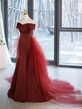 Mermaid V-Neck Satin Long Prom Dress, Burgundy Off Shoulder Evening Dress with Bow HZ1024
