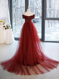 Mermaid V-Neck Satin Long Prom Dress, Burgundy Off Shoulder Evening Dress with Bow HZ1024