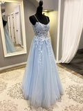 Blue Spaghetti Strap Tulle Long Prom Dress with Lace, A-Line Evening Party Dress HZ1024