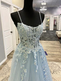 Blue Spaghetti Strap Tulle Long Prom Dress with Lace, A-Line Evening Party Dress HZ1024