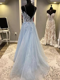 Blue Spaghetti Strap Tulle Long Prom Dress with Lace, A-Line Evening Party Dress HZ1024