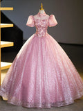 Pink Tulle and Lace Long Prom Dress with Sequins, Beautiful A-Line Sweet 16 Dress HZ1024