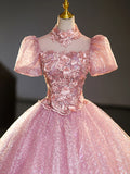 Pink Tulle and Lace Long Prom Dress with Sequins, Beautiful A-Line Sweet 16 Dress HZ1024