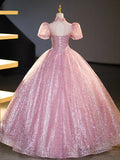 Pink Tulle and Lace Long Prom Dress with Sequins, Beautiful A-Line Sweet 16 Dress HZ1024