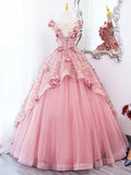 Pink Tulle Long Prom Dress with Flowers, Beautiful A-Line Sweet 16 Dress HZ1024