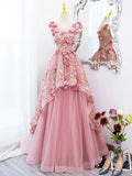 Pink Tulle Long Prom Dress with Flowers, Beautiful A-Line Sweet 16 Dress HZ1024
