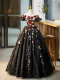 Black Tulle Long Prom Dress with Lace Flowers, Beautiful Off Shoulder Evening Gown HZ1024