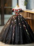 Black Tulle Long Prom Dress with Lace Flowers, Beautiful Off Shoulder Evening Gown HZ1024