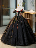 Black Tulle Long Prom Dress with Lace Flowers, Beautiful Off Shoulder Evening Gown HZ1024
