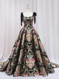 Black Floral Floor Length Prom Dress, A-Line Black Evening Dress HZ1024