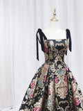 Black Floral Floor Length Prom Dress, A-Line Black Evening Dress HZ1024