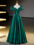 Green Satin Lace Floor Length Formal Dress, Short Sleeve A-Line Evening Dress HZ1024