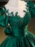 Green Satin Lace Floor Length Formal Dress, Short Sleeve A-Line Evening Dress HZ1024
