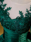 Green Satin Lace Floor Length Formal Dress, Short Sleeve A-Line Evening Dress HZ1024