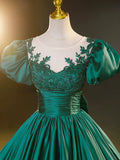 Green Satin Lace Floor Length Formal Dress, Short Sleeve A-Line Evening Dress HZ1024