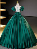 Green Satin Lace Floor Length Formal Dress, Short Sleeve A-Line Evening Dress HZ1024