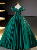 Green Satin Lace Floor Length Formal Dress, Short Sleeve A-Line Evening Dress HZ1024