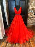 Red V-Neck Tulle Long Prom Dress, Red A-Line Evening Dress with Beaded HZ1024