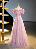Sparkly Off-Shoulder Sequins Floor Length Formal Dress, Beautiful Pink Prom Dress HZ1024