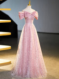 Sparkly Off-Shoulder Sequins Floor Length Formal Dress, Beautiful Pink Prom Dress HZ1024
