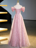 Sparkly Off-Shoulder Sequins Floor Length Formal Dress, Beautiful Pink Prom Dress HZ1024