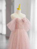 Pink Tulle Long Prom Dress, Beautiful A-Line Off Shoulder Evening Dress HZ1024