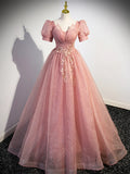 Pink Tulle Floor Length Prom Dress with Short Sleeve, Beautiful A-Line Evening Dress HZ1024