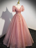 Pink Tulle Floor Length Prom Dress with Short Sleeve, Beautiful A-Line Evening Dress HZ1024
