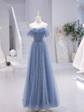 Blue Strapless Tulle Long Prom Dress, Blue A-Line Evening Dress HZ1024